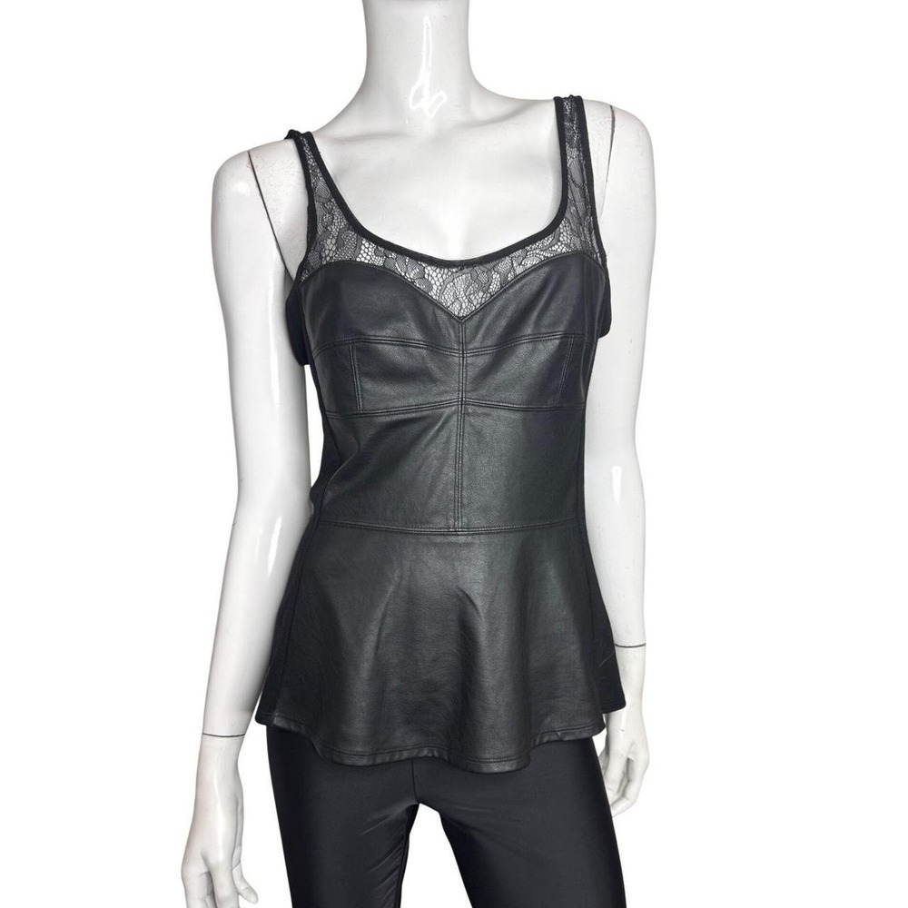 BCBGMAXAZRIA Black Faux Leather Lace Peplum Top Womens Medium